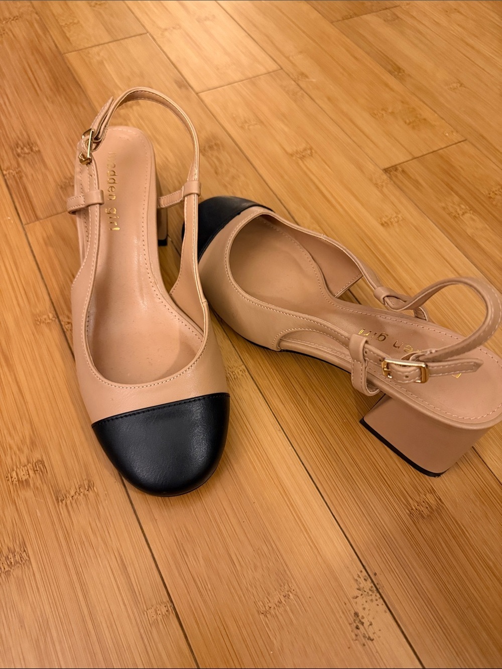 Madden Girl Beige and Black Slingback Block Heels